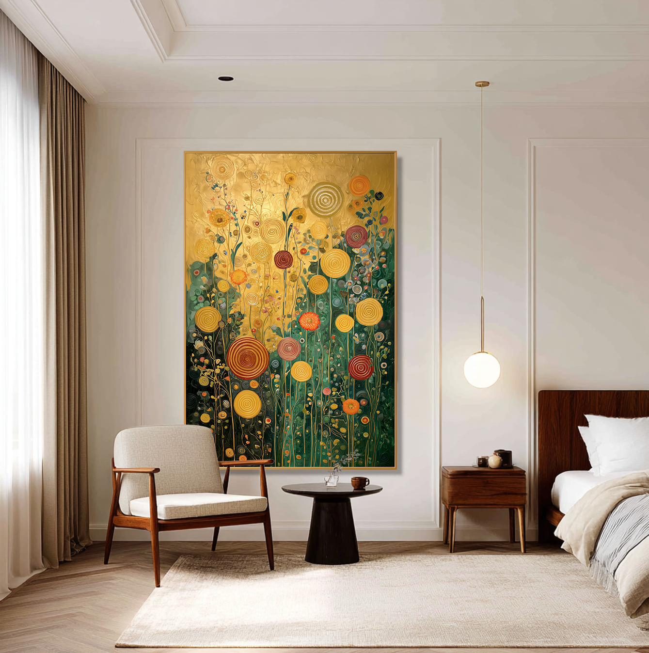 Golden Circles โ Textured Floral Wall Art, Hand-Painted Gold and Green Canvas for Luxury Home Decor