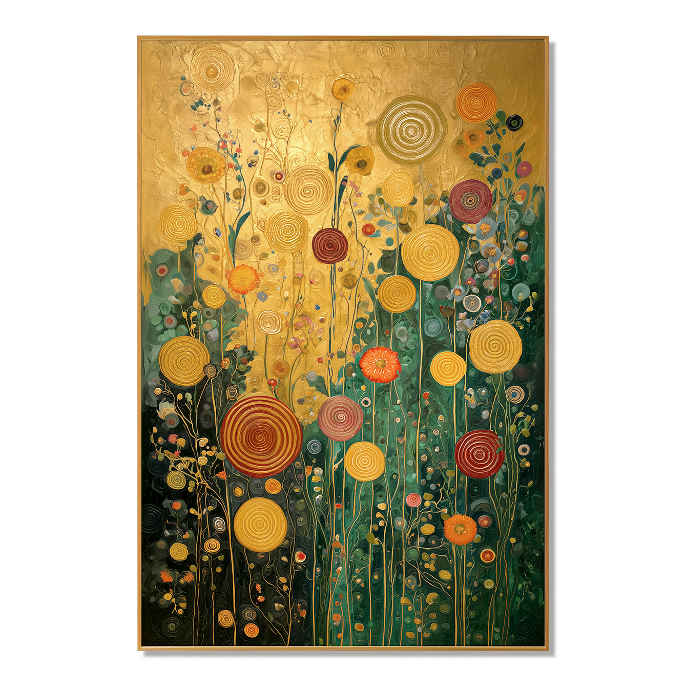Golden Circles โ Textured Floral Wall Art, Hand-Painted Gold and Green Canvas for Luxury Home Decor