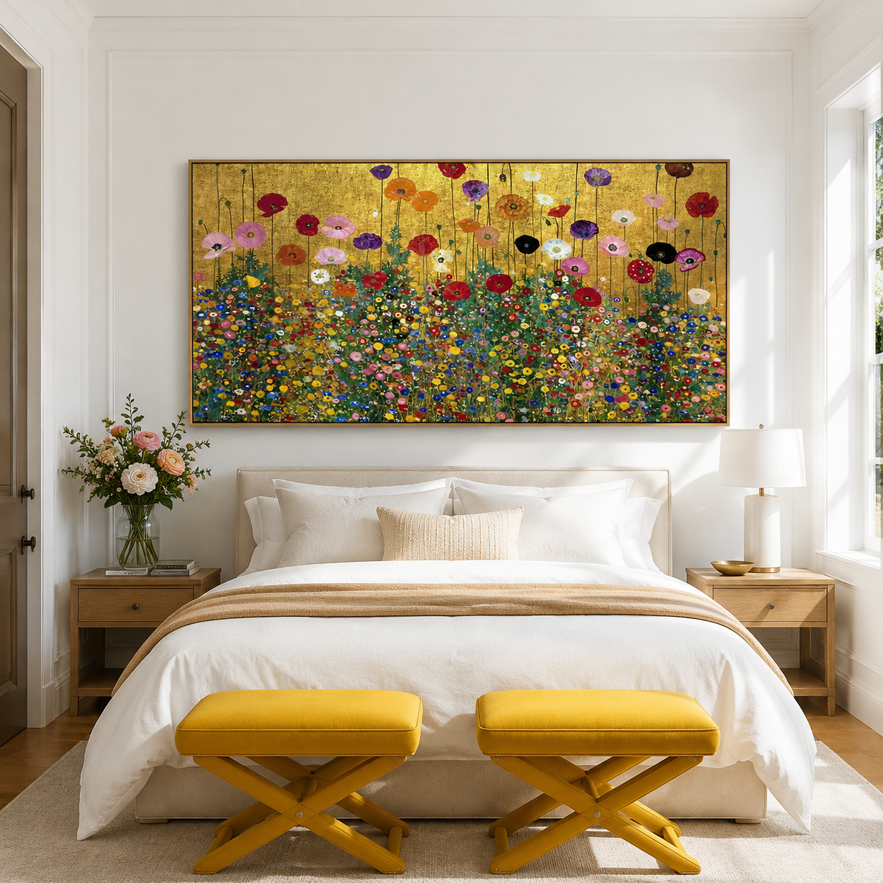 Golden Horizon Meadow – Hand-Painted Textured Floral Canvas Wall Art
