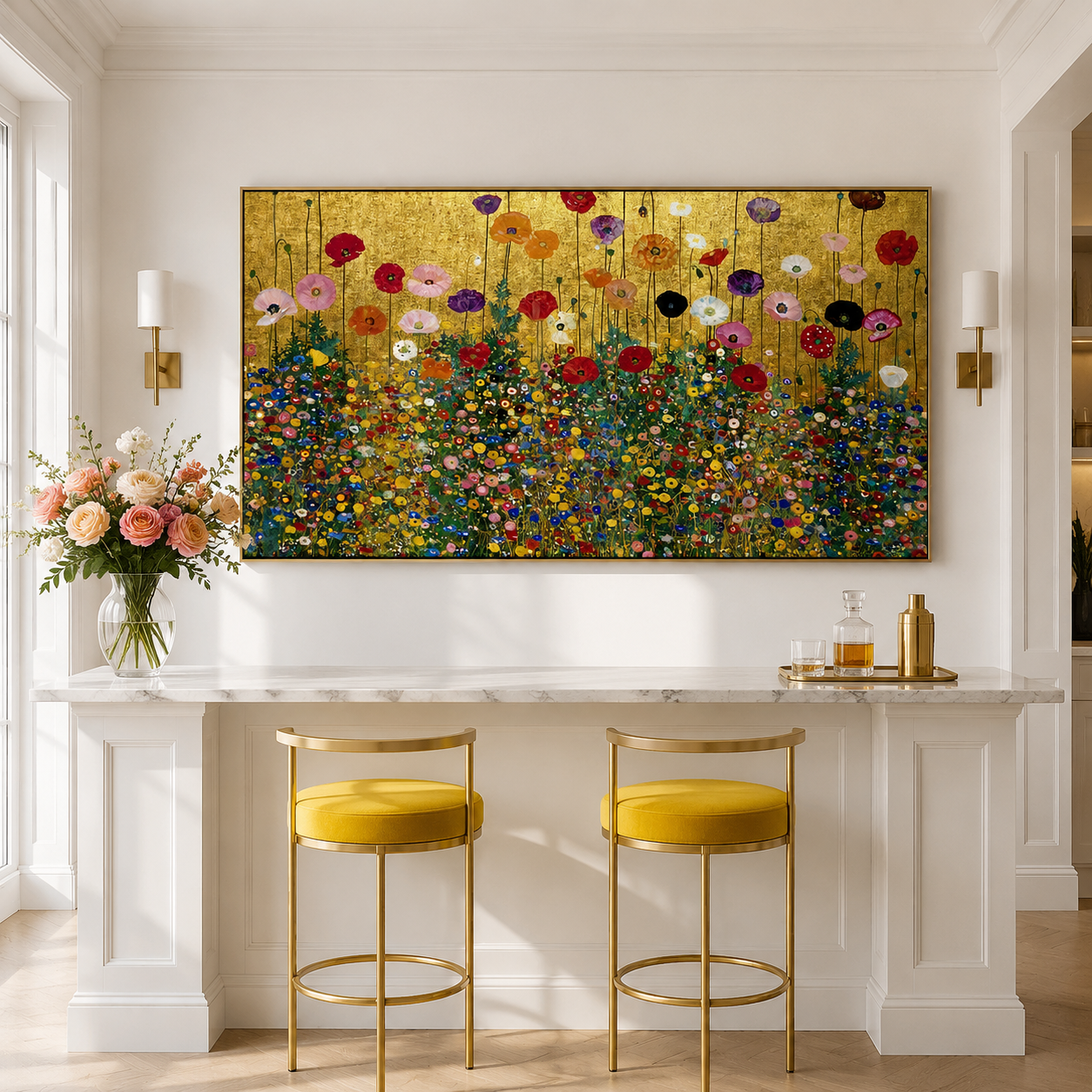 Golden Horizon Meadow – Hand-Painted Textured Floral Canvas Wall Art
