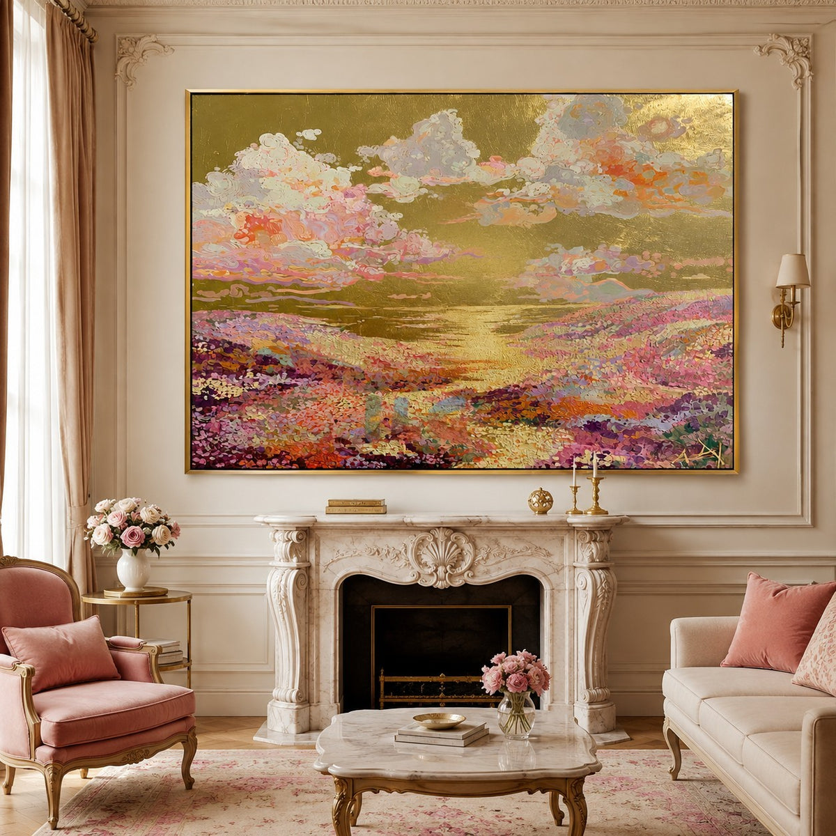 Golden Meadow Daydream – Colorful Floral Landscape Wall Art