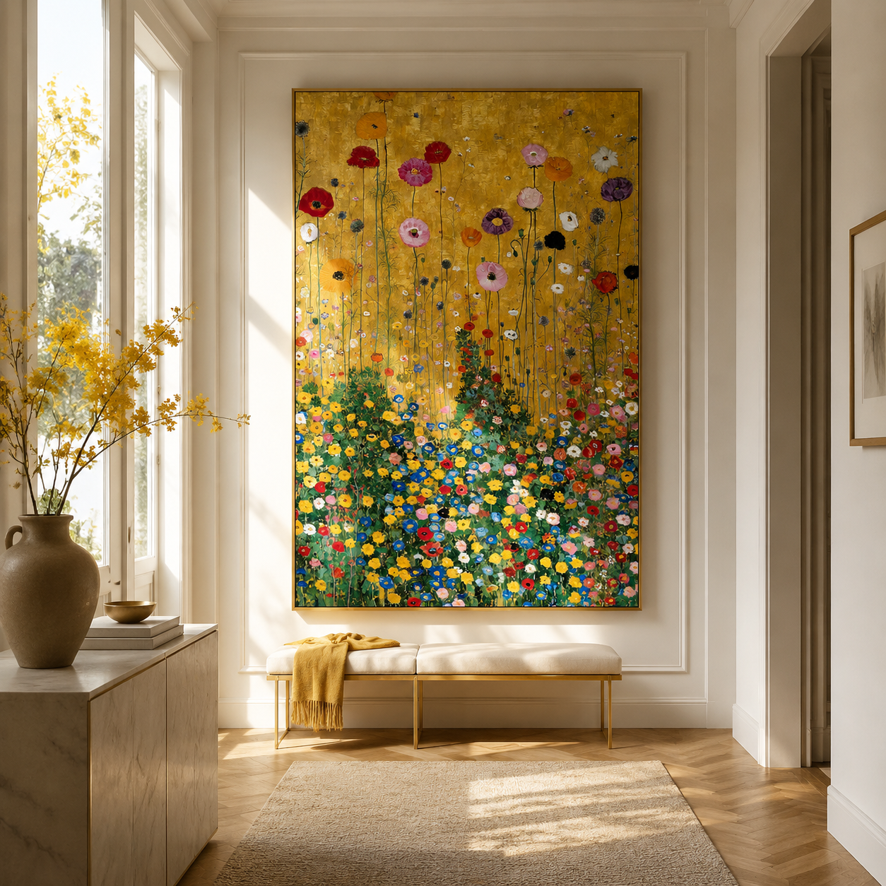 Golden Meadow Symphony – Hand-Painted Textured Floral Canvas Wall Art