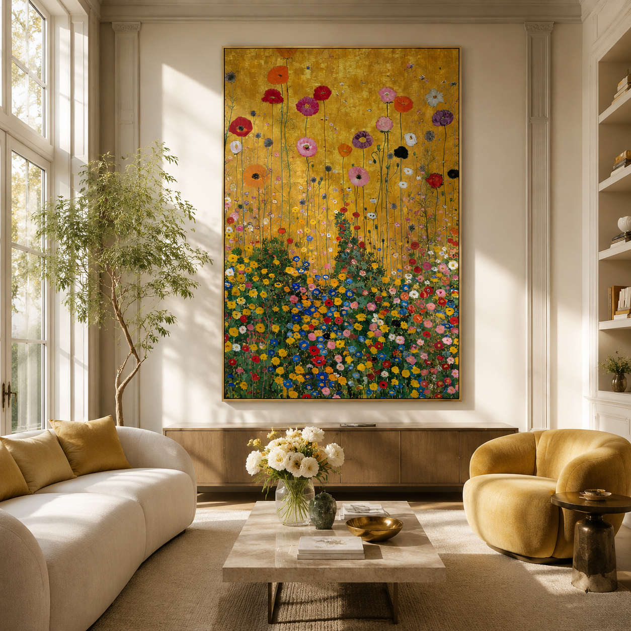 Golden Meadow Symphony – Hand-Painted Textured Floral Canvas Wall Art