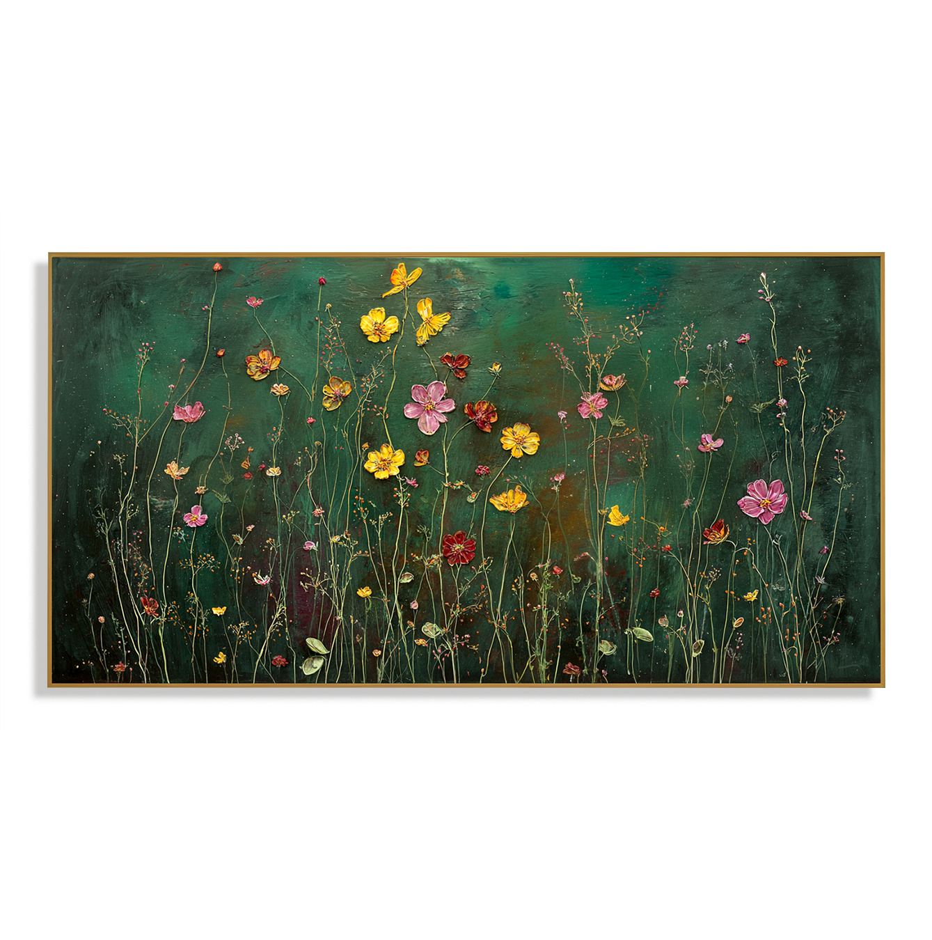 Golden Petal Reverie Panoramic Floral Wall Art Hand Painted Wildflower Canvas