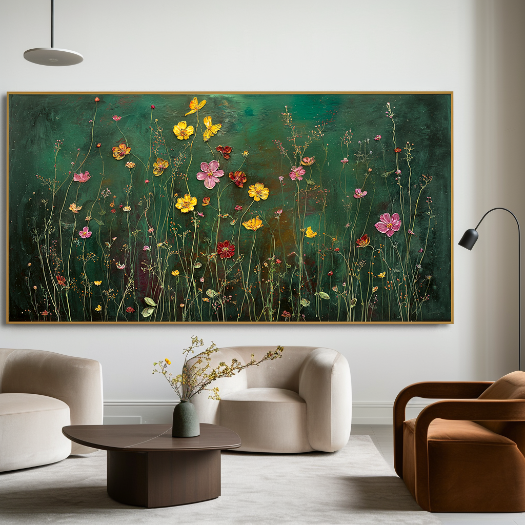 Golden Petal Reverie Panoramic Floral Wall Art Hand Painted Wildflower Canvas