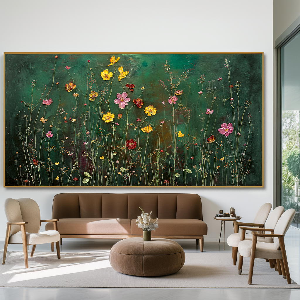 Golden Petal Reverie Panoramic Floral Wall Art Hand Painted Wildflower Canvas