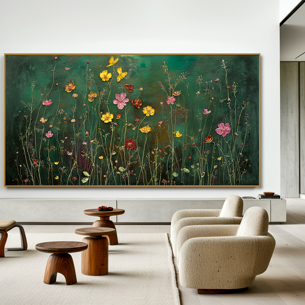Golden Petal Reverie Panoramic Floral Wall Art Hand Painted Wildflower Canvas