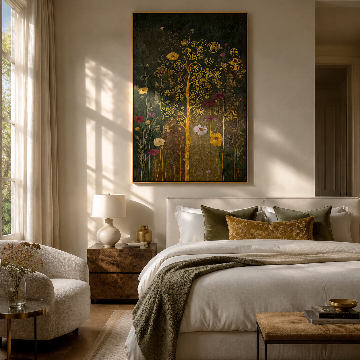 Golden Spiral Garden – Hand-Painted Textured Floral Canvas Wall Art