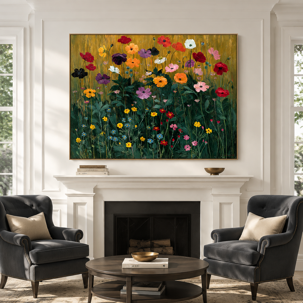 Radiant Meadow #2 – Hand-Painted Textured Floral Canvas Art for Living Room Decor