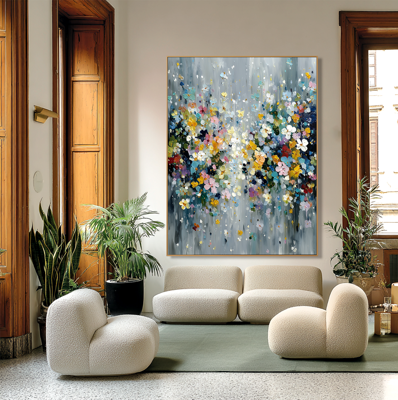 Silver Bloom - Textured Floral Abstract Oil Painting
