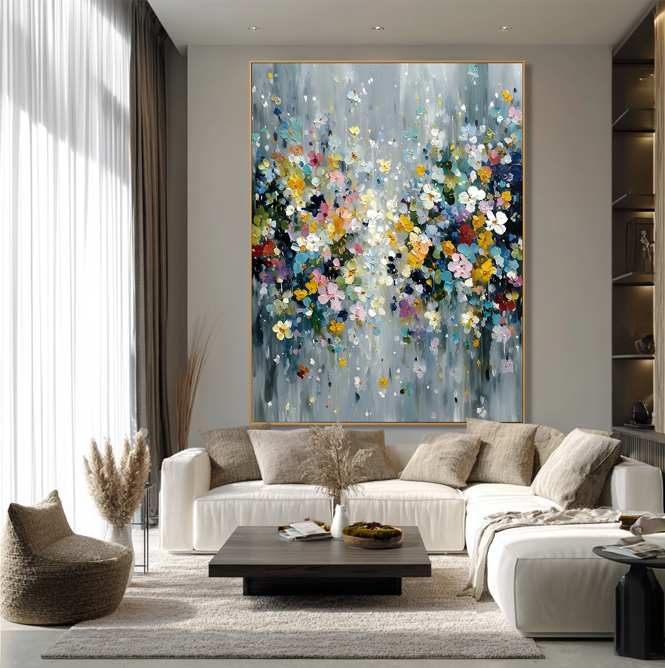 Silver Bloom - Textured Floral Abstract Oil Painting