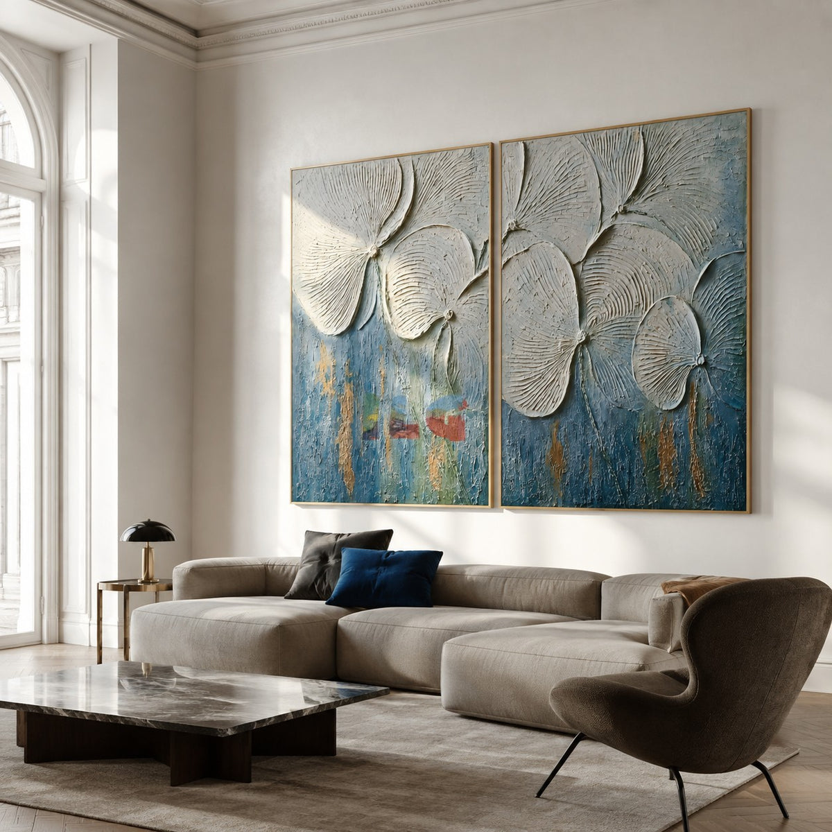 Tidal Petals – Ivory and Ocean Blue Textured Floral Diptych Wall Art