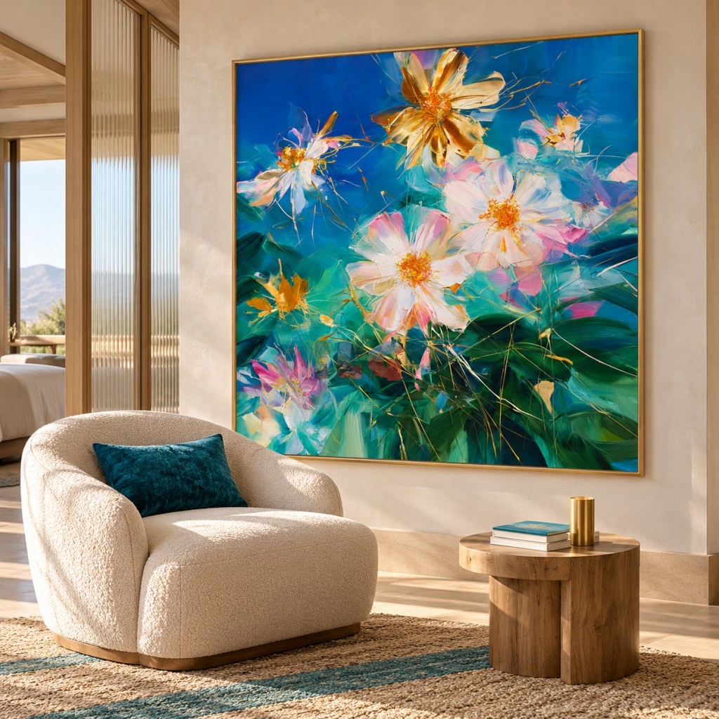 Wildlight in Bloom – Blue and Emerald Floral Abstract Wall Art