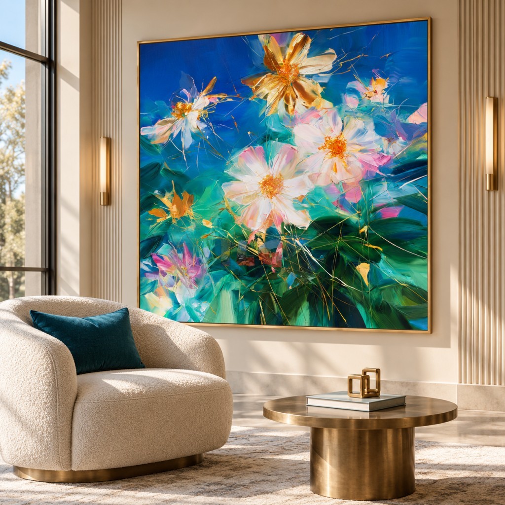 Wildlight in Bloom – Blue and Emerald Floral Abstract Wall Art