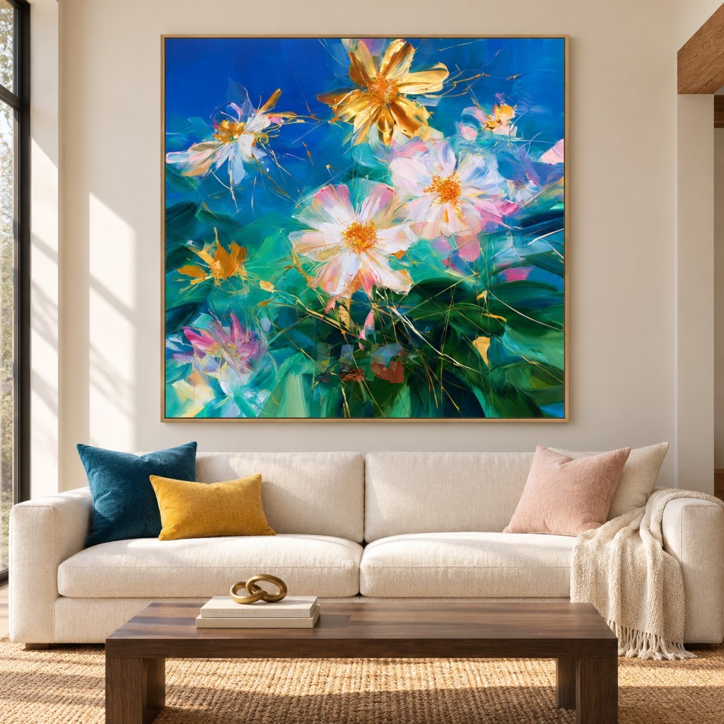 Wildlight in Bloom – Blue and Emerald Floral Abstract Wall Art