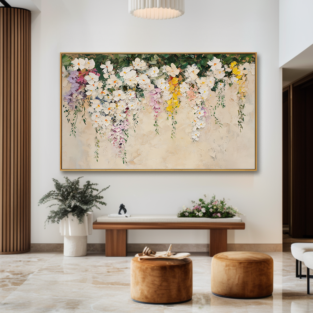 Ivory Blossom Cascade – Textured Floral Oil Painting