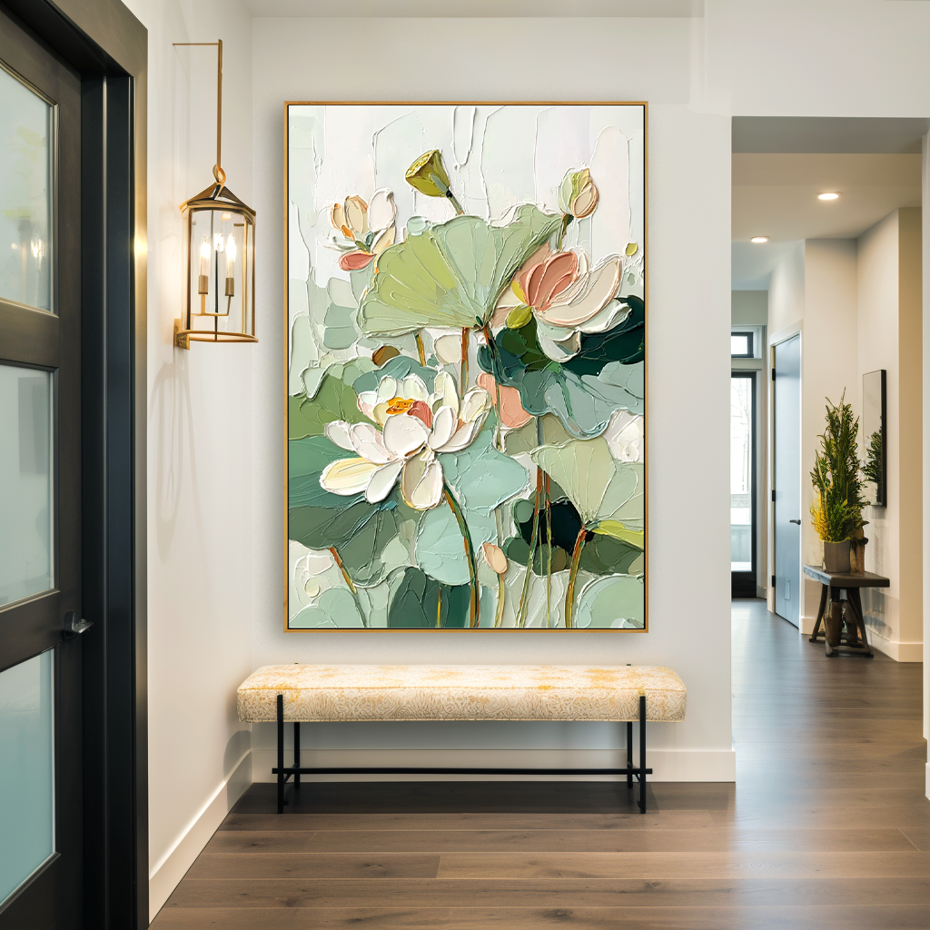 Serene Lotus Garden – Textured Lotus Oil Painting