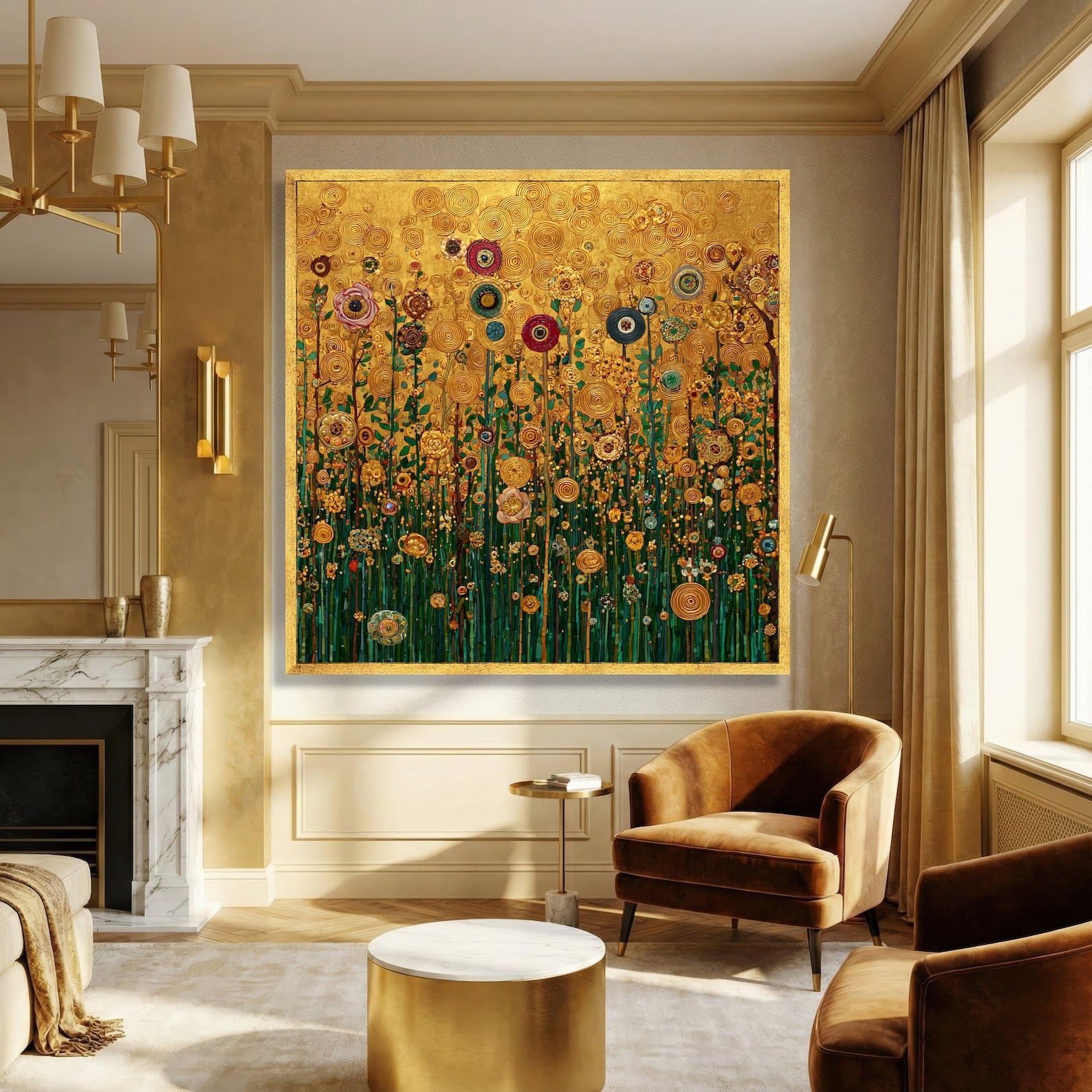 Sunlit Reverie – Hand-Painted 3D Textured Gold Floral Canvas
