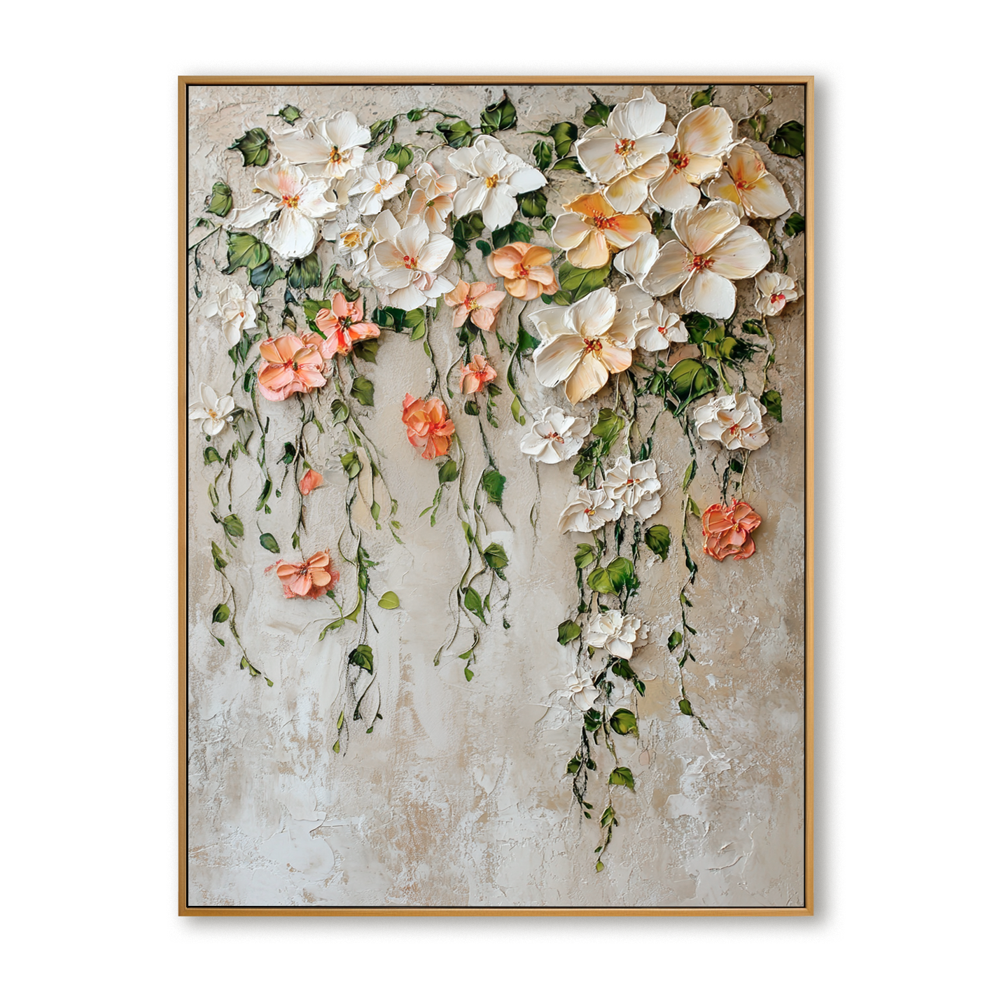 Falling Blossom Grace – Textured Floral Oil Painting, Hand-Painted Cascading Flower Wall Art