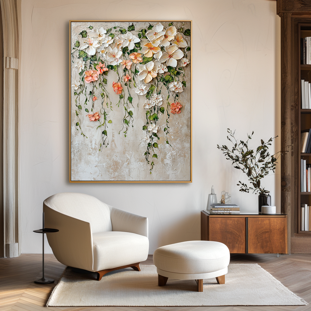 Falling Blossom Grace – Textured Floral Oil Painting, Hand-Painted Cascading Flower Wall Art