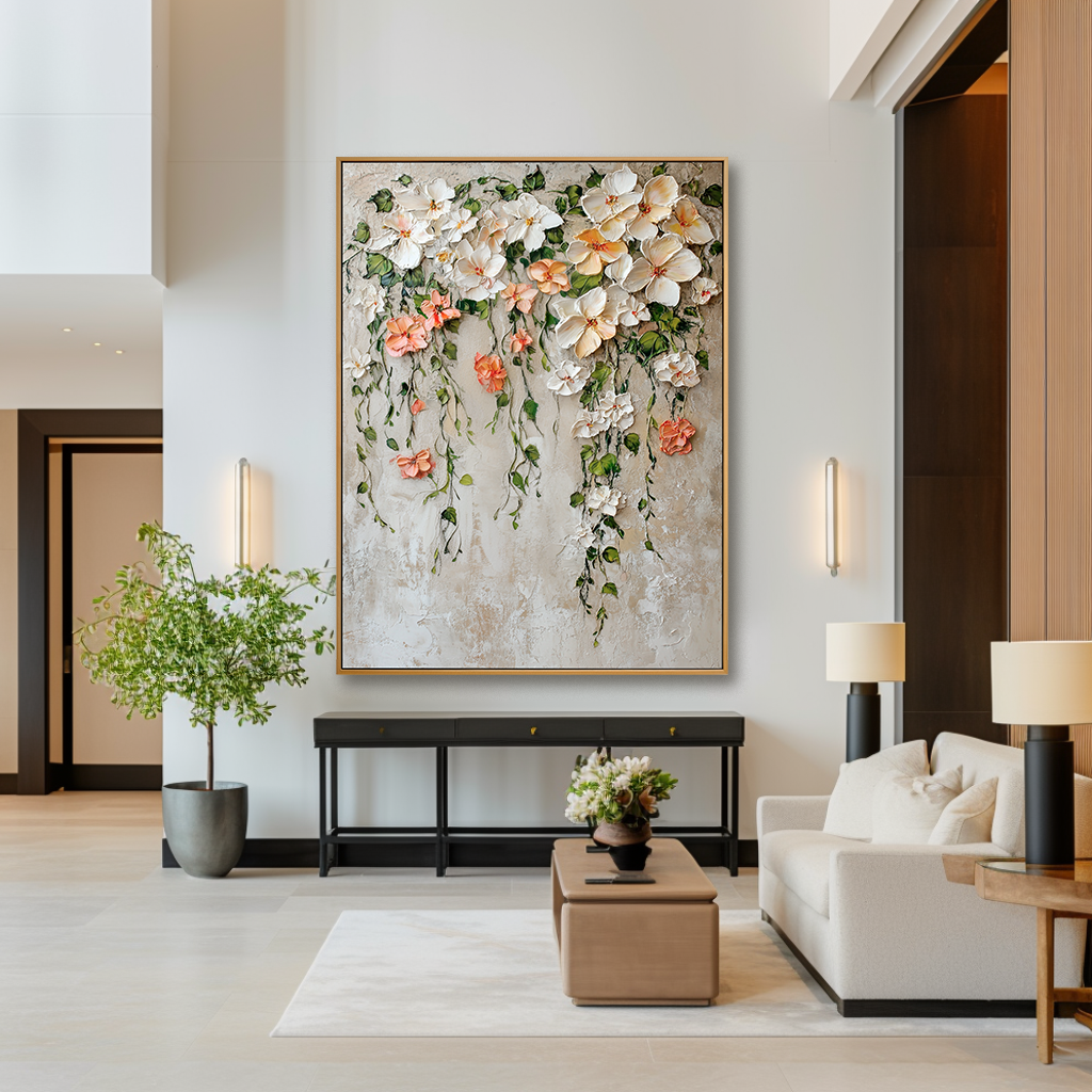 Falling Blossom Grace – Textured Floral Oil Painting, Hand-Painted Cascading Flower Wall Art