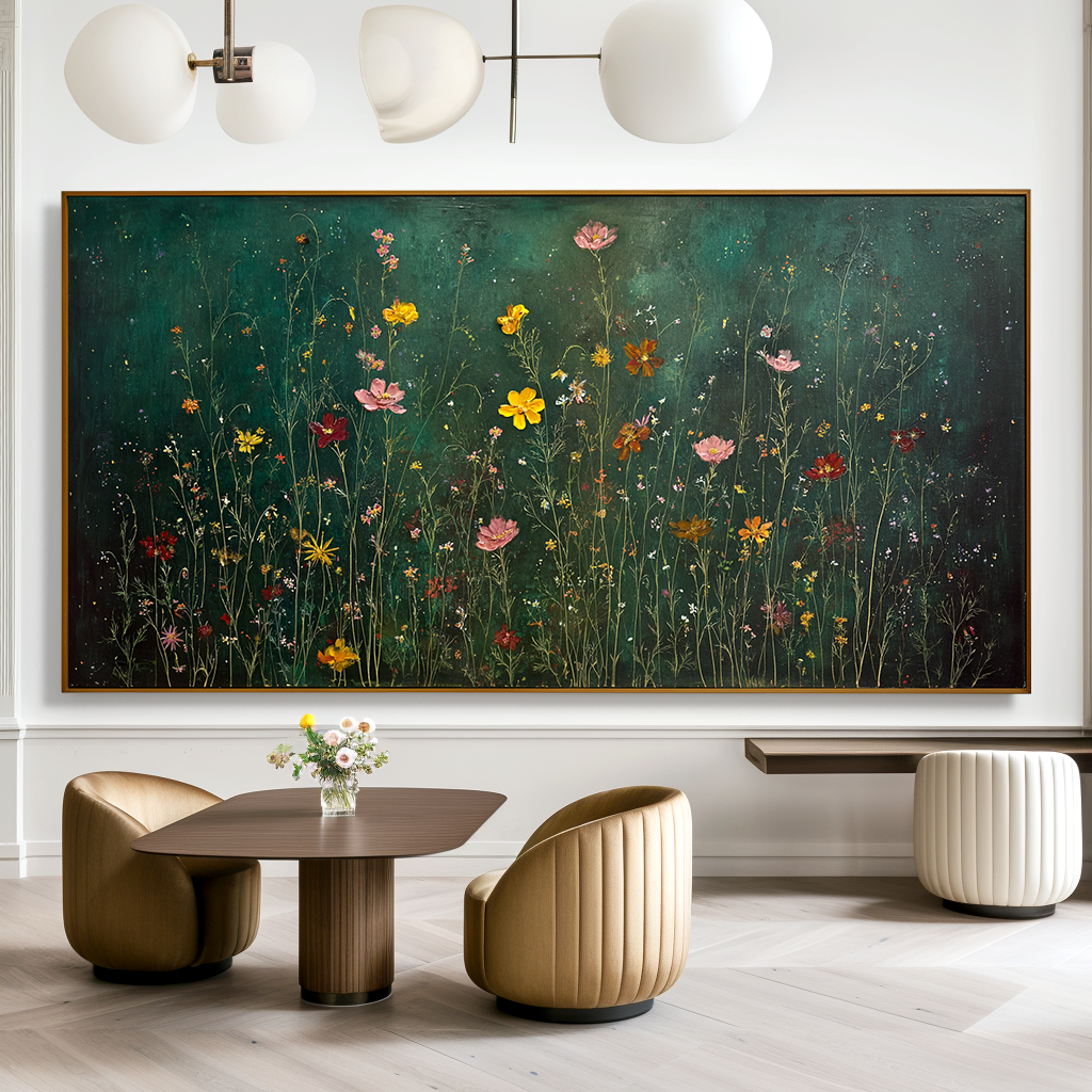 Midnight Meadow Symphony Panoramic Floral Wall Art Hand Painted Wildflower Canvas