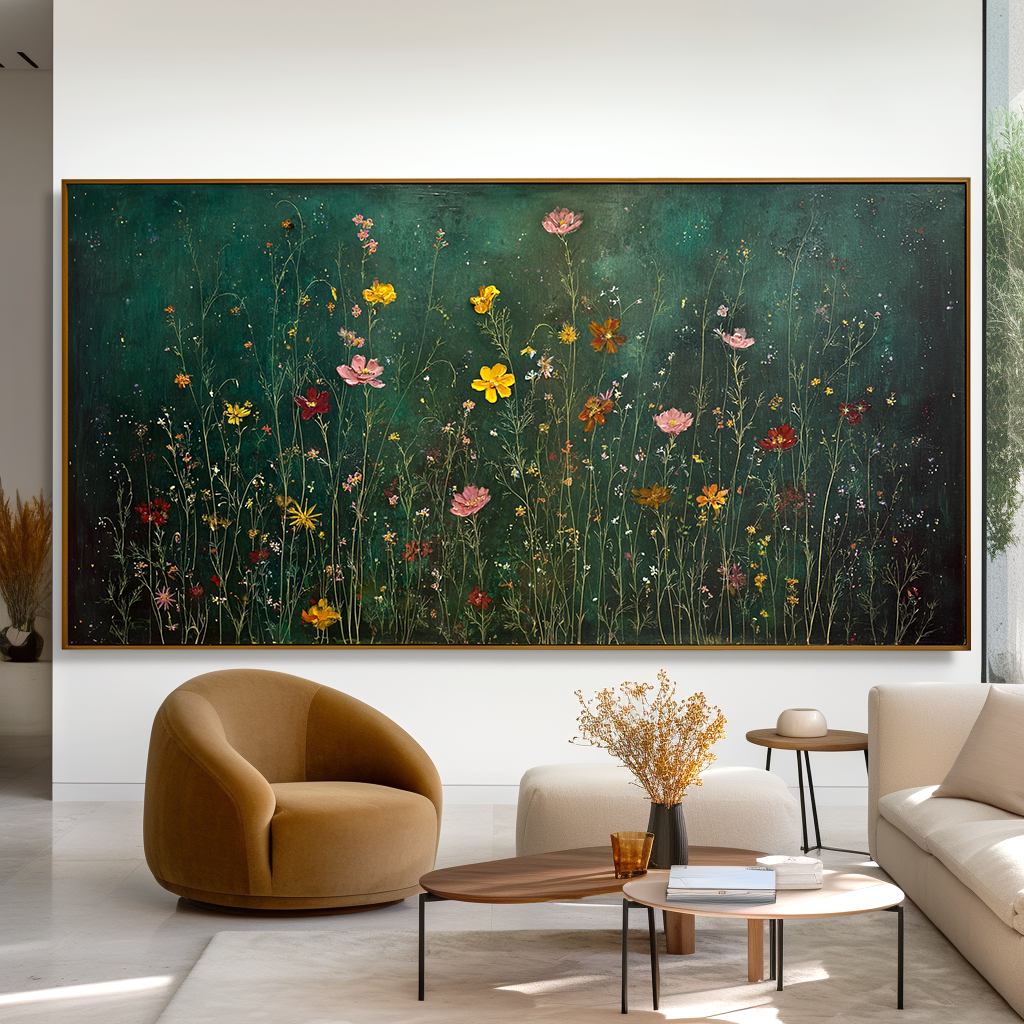 Midnight Meadow Symphony Panoramic Floral Wall Art Hand Painted Wildflower Canvas