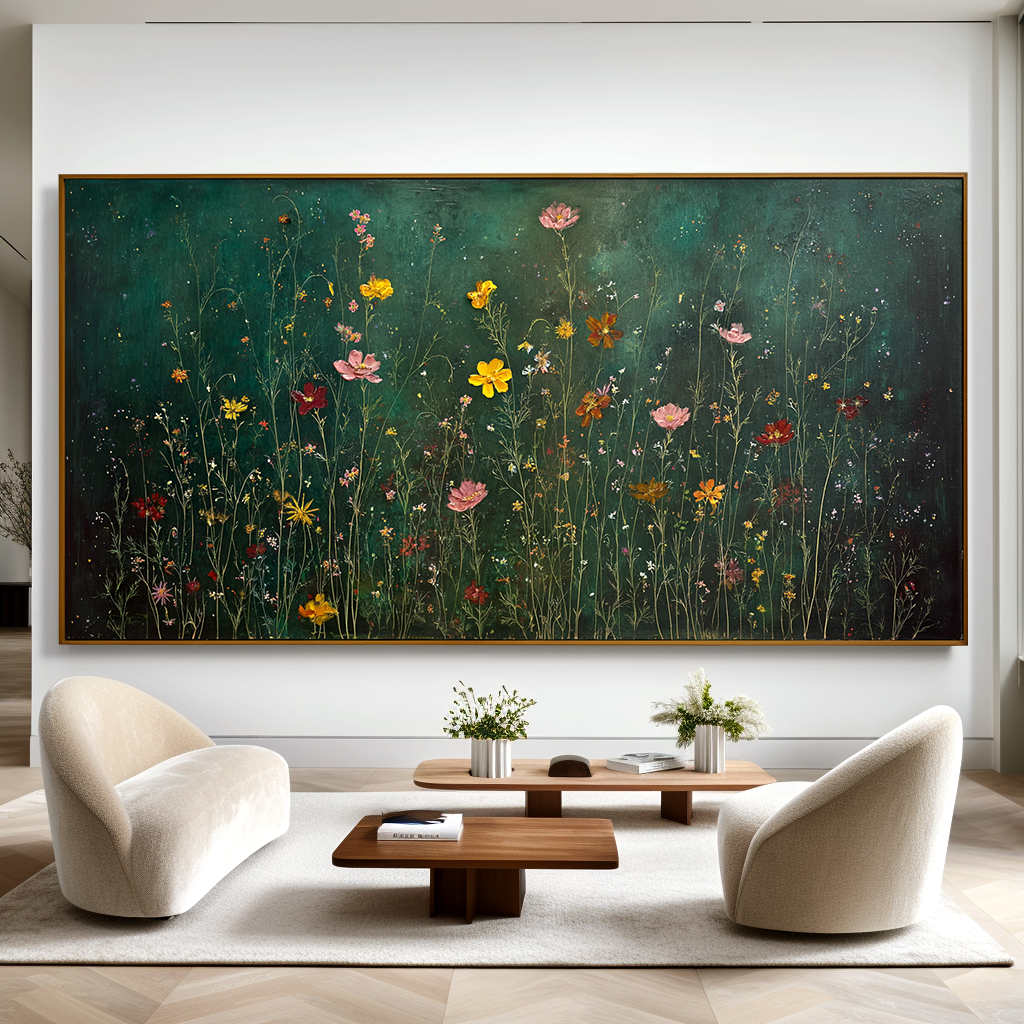 Midnight Meadow Symphony Panoramic Floral Wall Art Hand Painted Wildflower Canvas