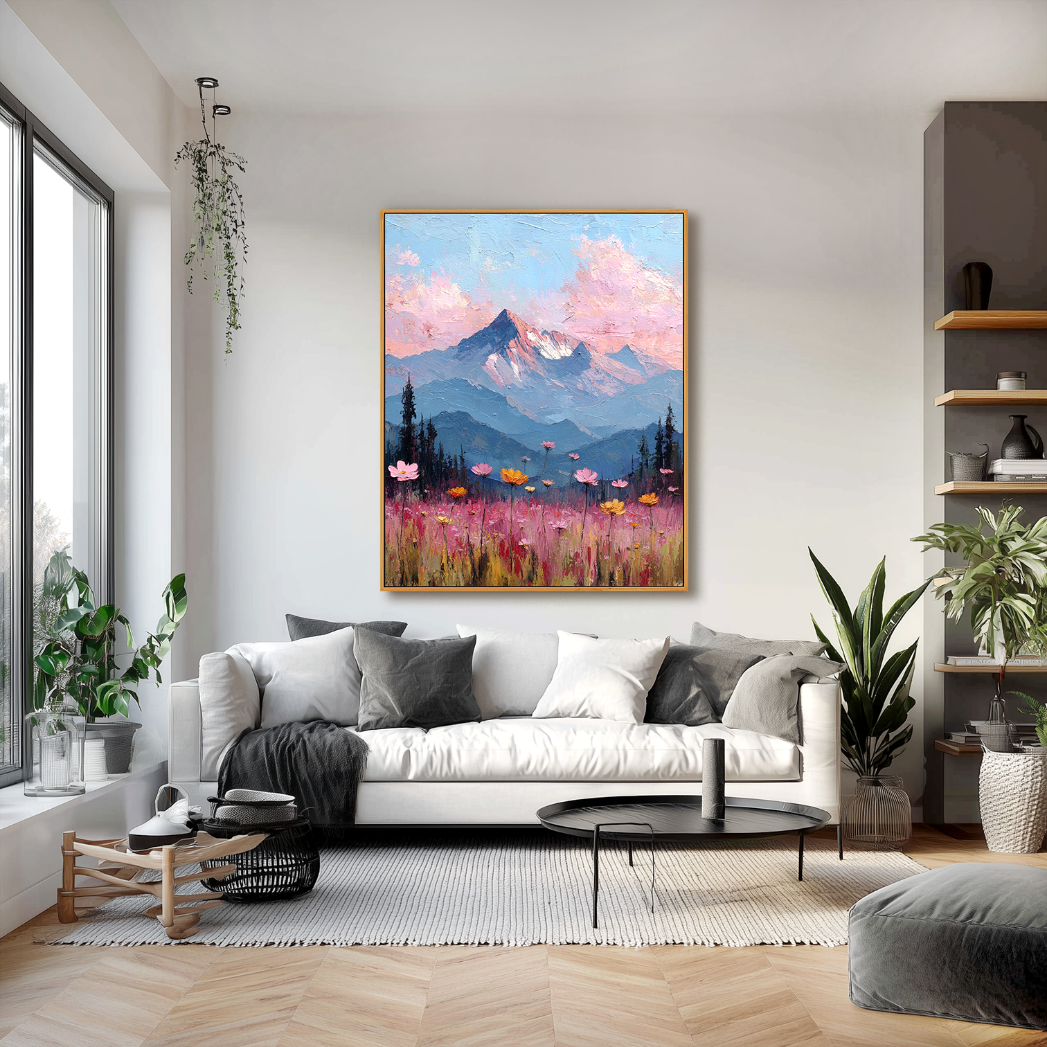 Blooming Peaks — Textured Mountain Sunset Landscape Oil Painting, Wildflower Wall Art