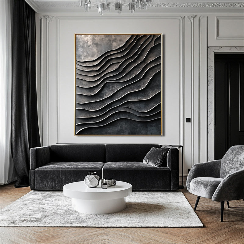 3D Textured Wave Pattern Wall Art - Dark Tones Gold - Framed Modern Decorative Artwork