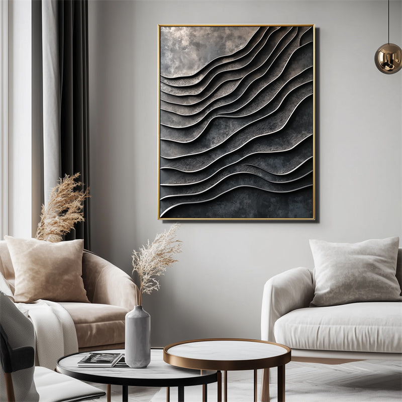 3D Textured Wave Pattern Wall Art - Dark Tones Gold - Framed Modern Decorative Artwork
