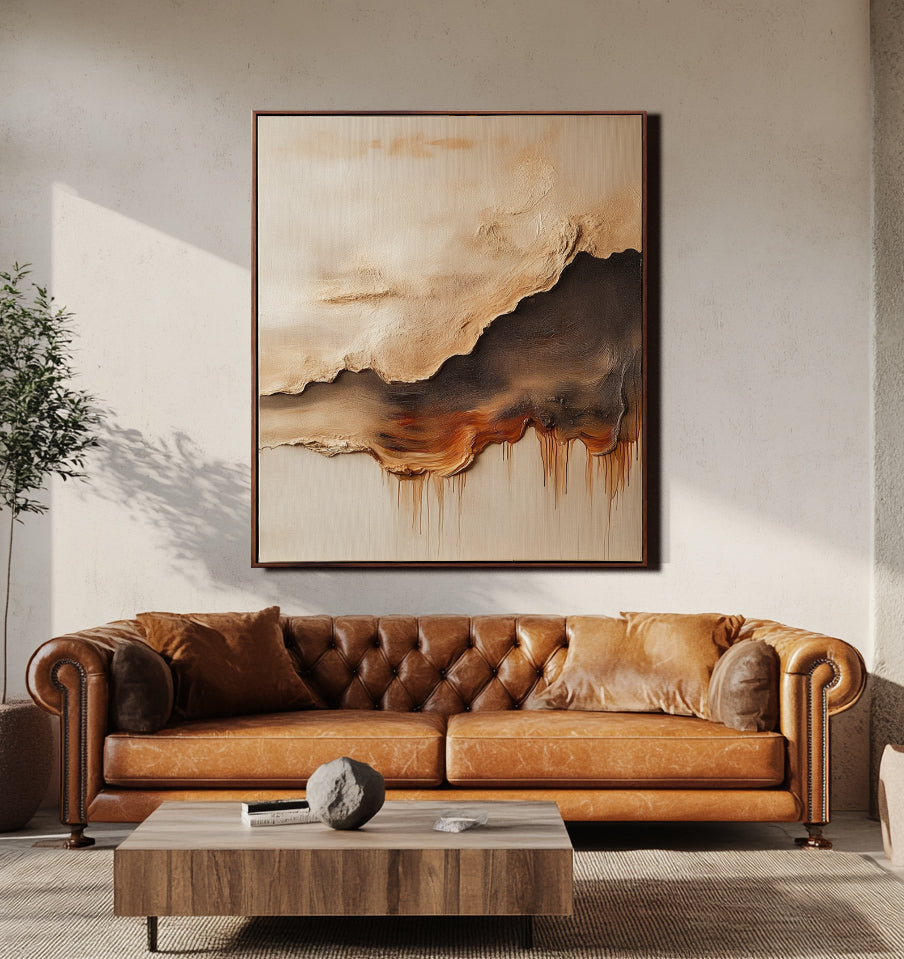 Horizon Flames- Abstract Textured Oil Painting, Neutral Tones with Dripping Effect Wall Art for Home Decoration