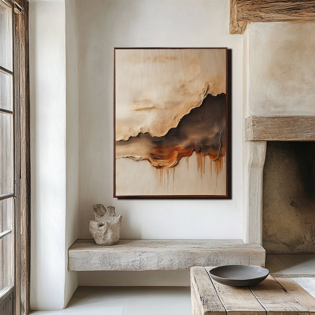 Horizon Flames- Abstract Textured Oil Painting, Neutral Tones with Dripping Effect Wall Art for Home Decoration