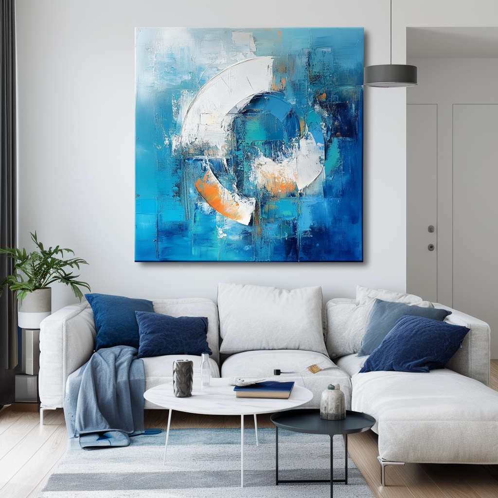 Ocean Rhythm -Textured Abstract Geometric Circular Oil Painting - Blue, Orange and White Modern Wall Art for Home Decoration