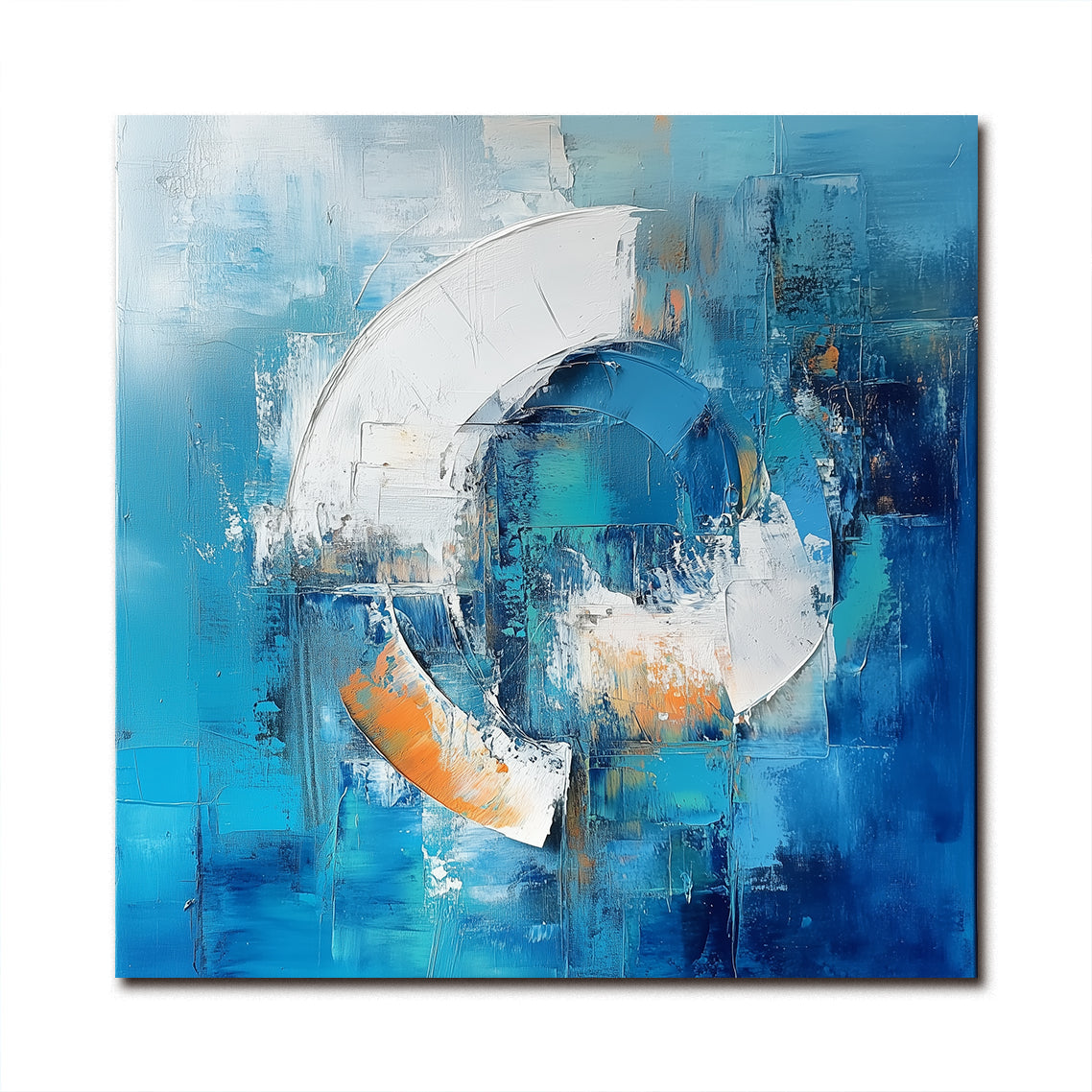 Textured Abstract Geometric Circular Oil Painting - Blue, Orange and White Modern Wall Art for Home Decoration