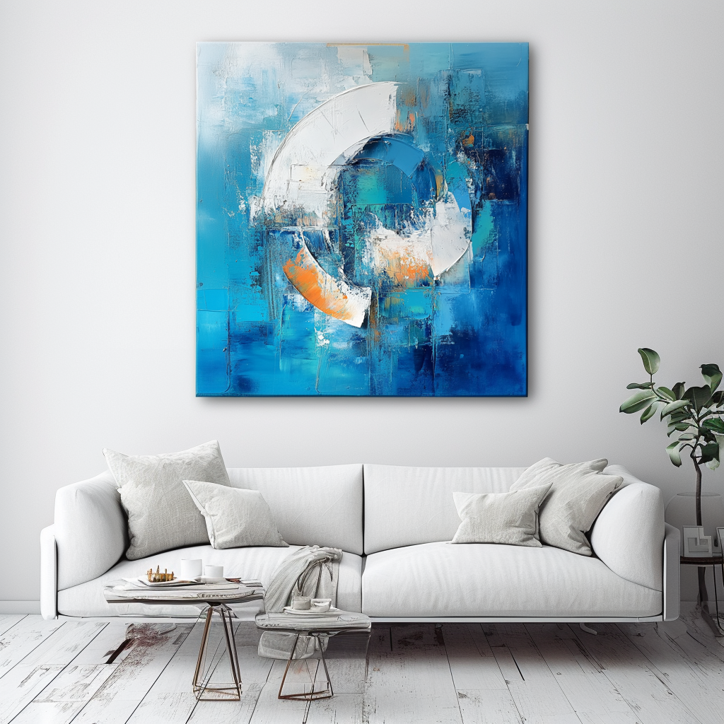 Ocean Rhythm -Textured Abstract Geometric Circular Oil Painting - Blue, Orange and White Modern Wall Art for Home Decoration
