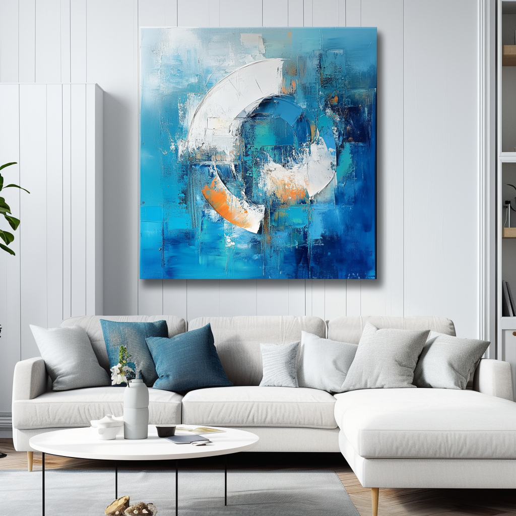 Ocean Rhythm -Textured Abstract Geometric Circular Oil Painting - Blue, Orange and White Modern Wall Art for Home Decoration