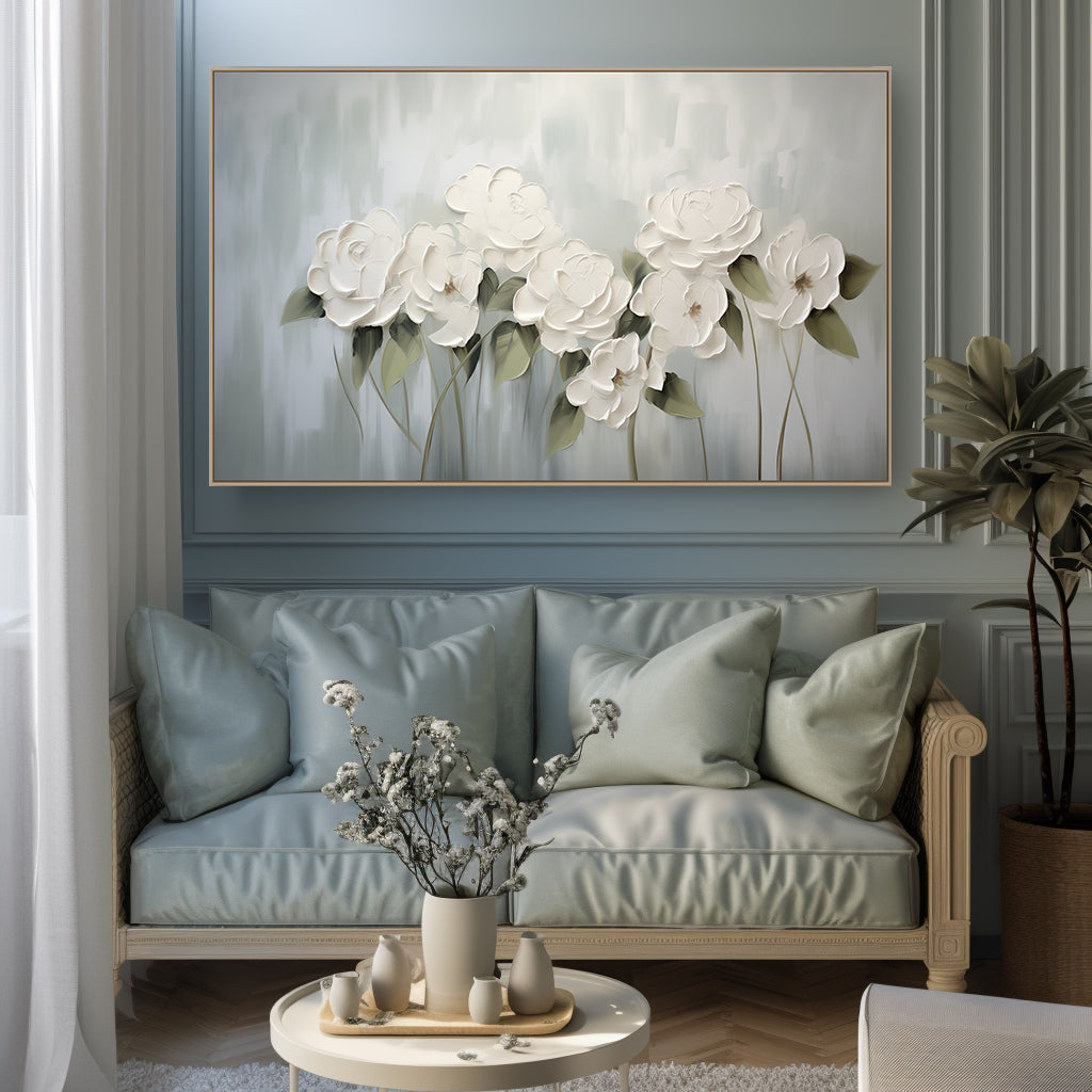 Ethereal Blooms -White Floral Abstract Oil Painting, Elegant Modern Framed Flower Artwork for Home Decor