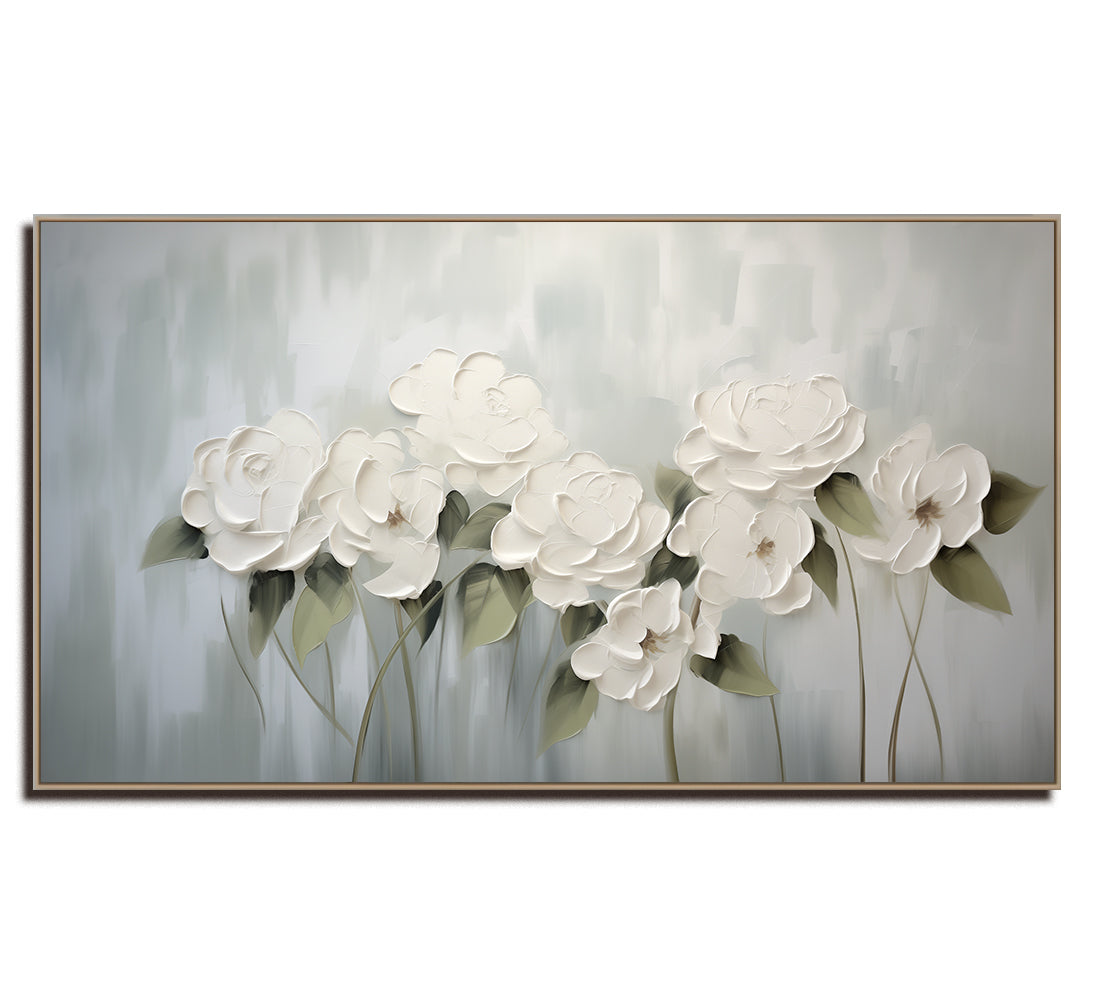Ethereal Blooms -White Floral Abstract Oil Painting, Elegant Modern Framed Flower Artwork for Home Decor