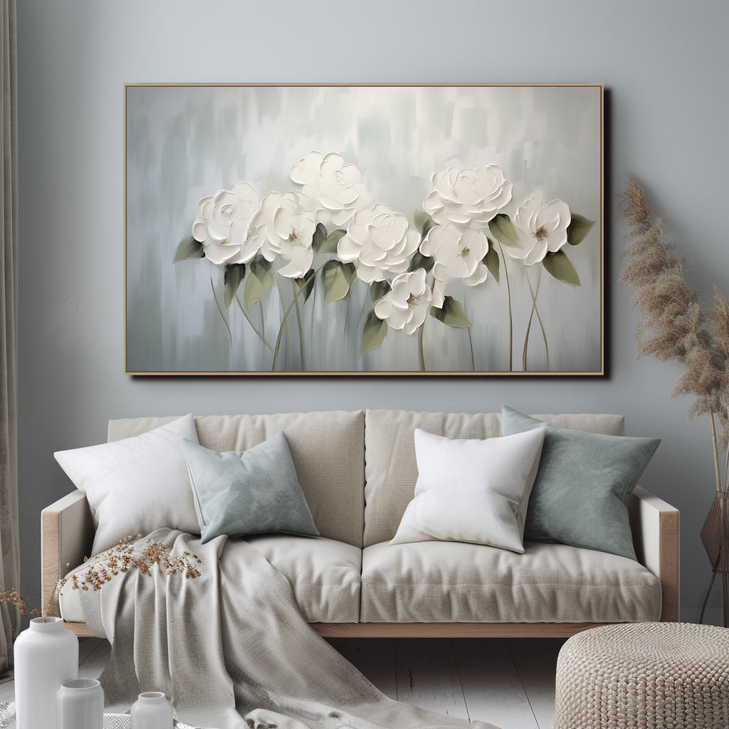Ethereal Blooms -White Floral Abstract Oil Painting, Elegant Modern Framed Flower Artwork for Home Decor