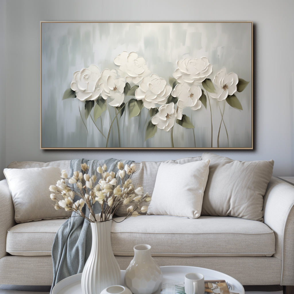 Ethereal Blooms -White Floral Abstract Oil Painting, Elegant Modern Framed Flower Artwork for Home Decor