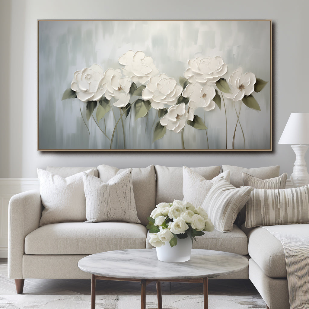 Ethereal Blooms -White Floral Abstract Oil Painting, Elegant Modern Framed Flower Artwork for Home Decor