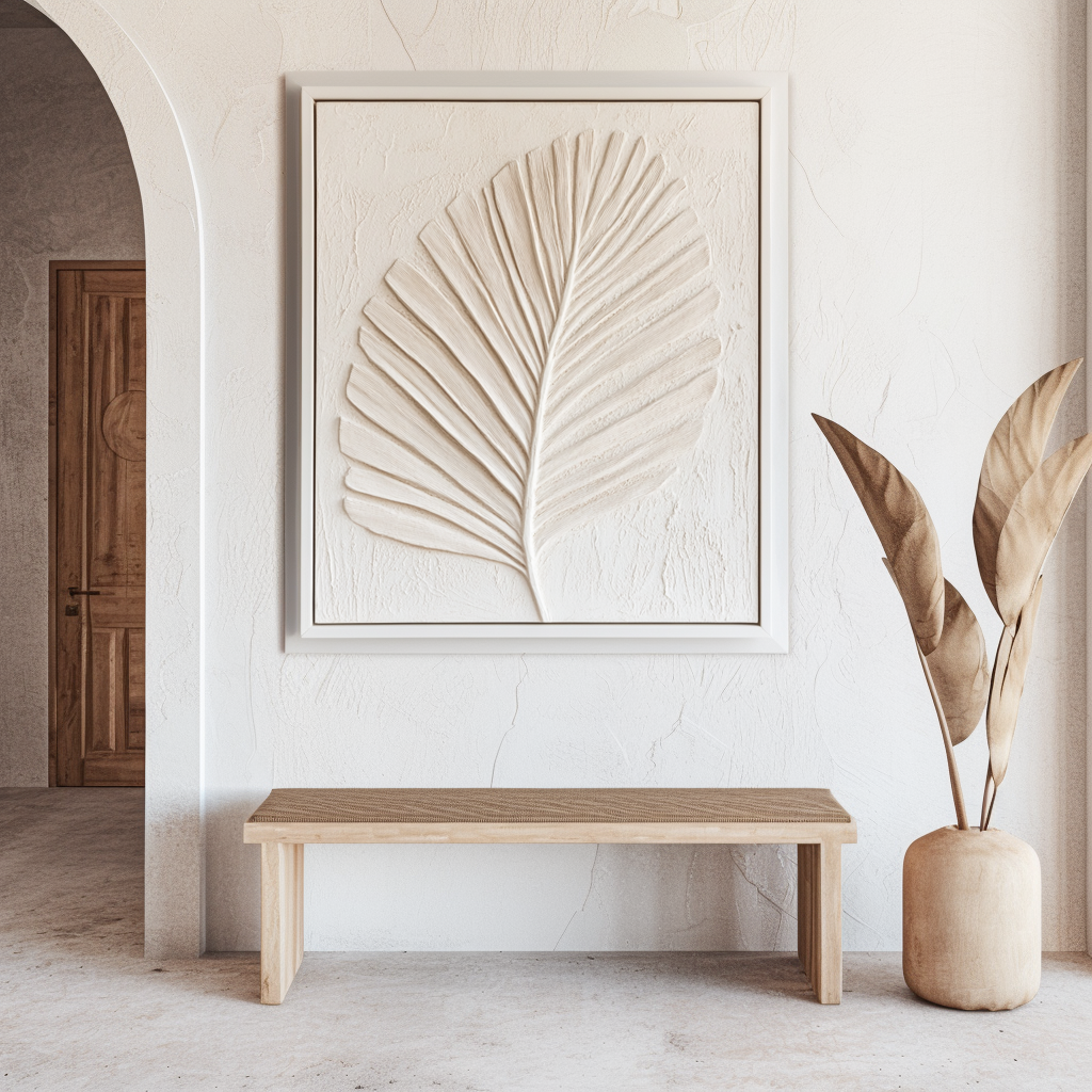 Textured Leaf Relief Wall Art - Framed Neutral-Tone Palm Leaf Decor for Home