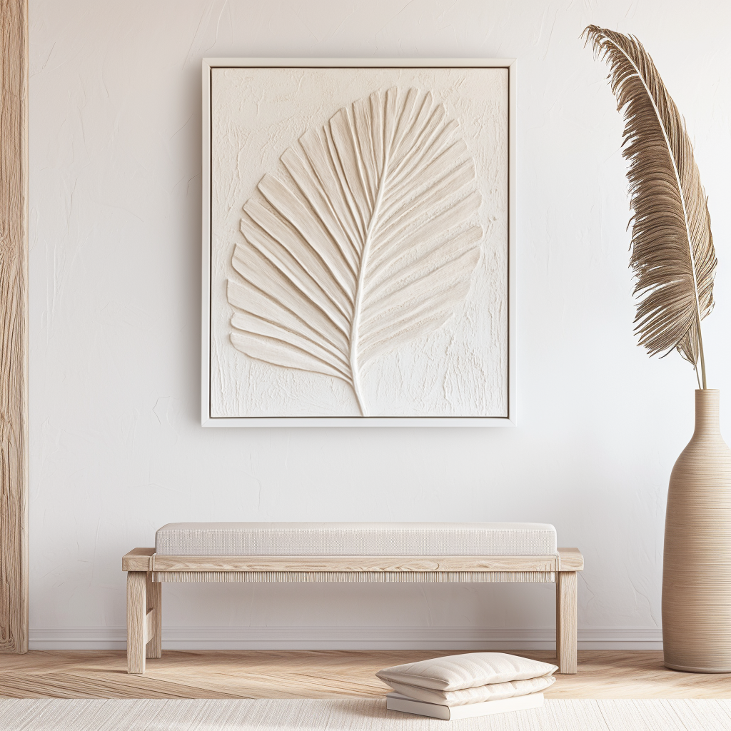 Textured Leaf Relief Wall Art - Framed Neutral-Tone Palm Leaf Decor for Home
