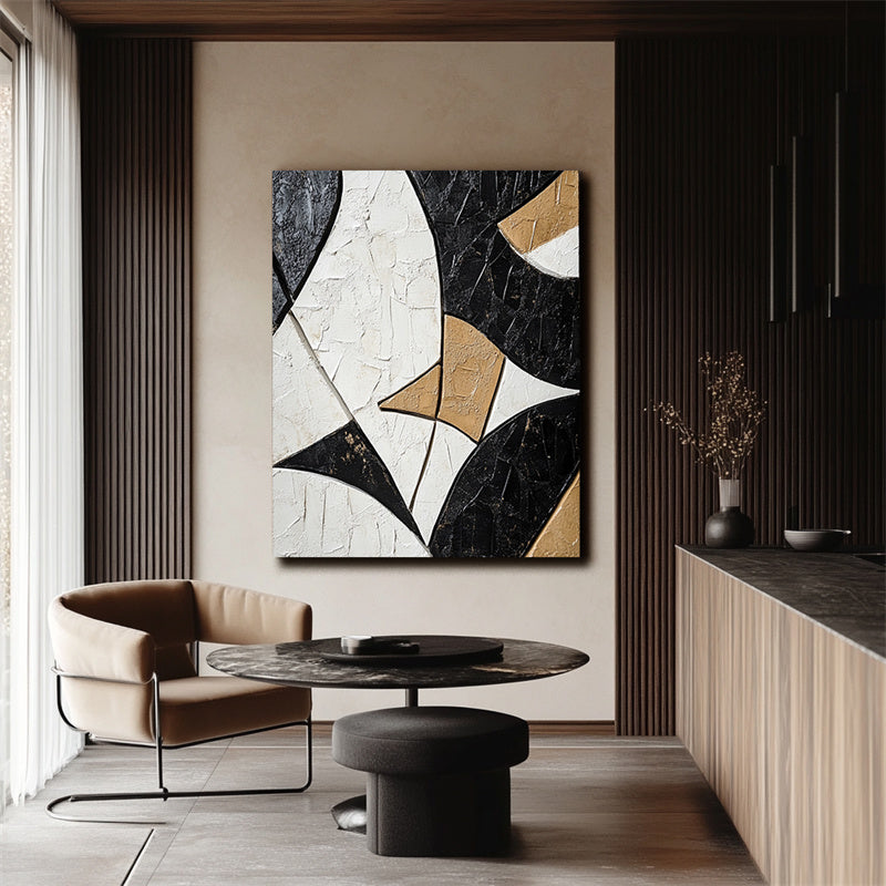 Harmony in Geometry:Geometric Abstract Art in Black Gold and White - Contemporary Wall Decor