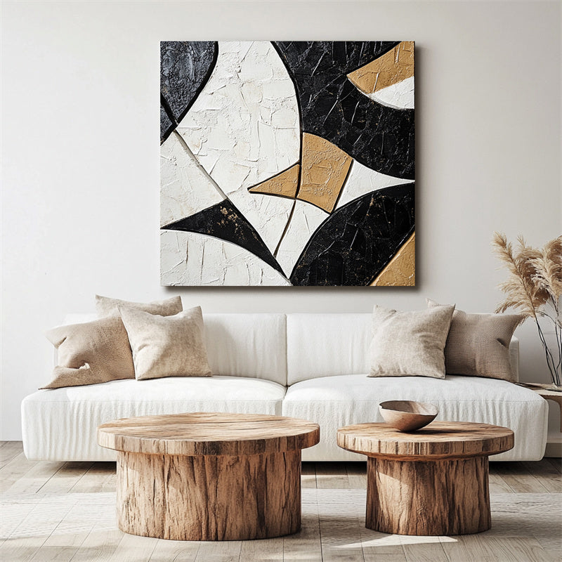 Harmony in Geometry:Geometric Abstract Art in Black Gold and White - Contemporary Wall Decor