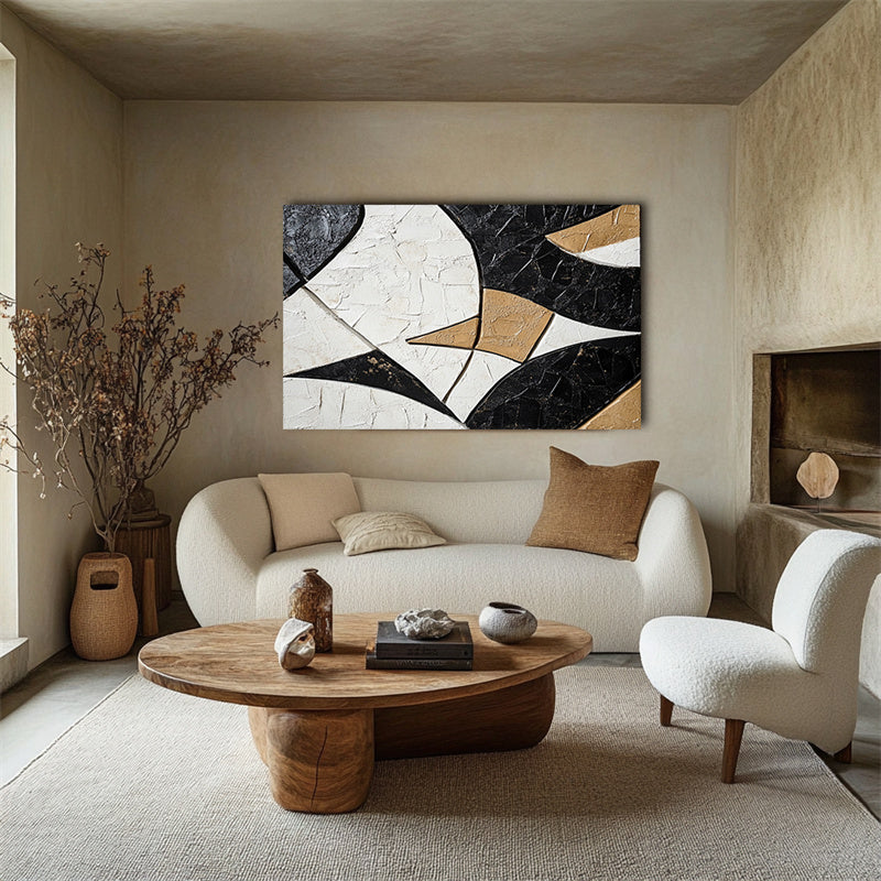 Harmony in Geometry:Geometric Abstract Art in Black Gold and White - Contemporary Wall Decor
