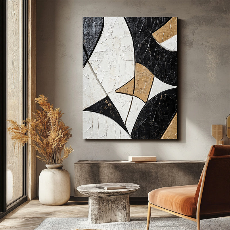 Harmony in Geometry:Geometric Abstract Art in Black Gold and White - Contemporary Wall Decor