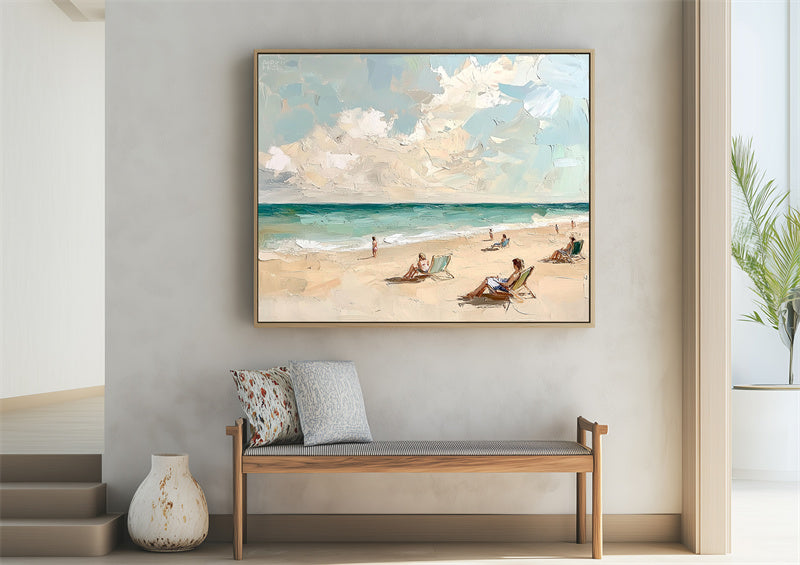 Tranquil Beach Moments-Impressionist Beach Oil Painting: People Relaxing on Sandy Shore