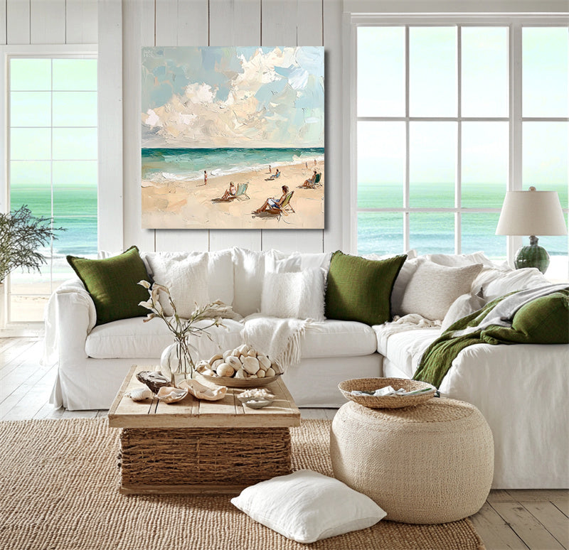 Tranquil Beach Moments-Impressionist Beach Oil Painting: People Relaxing on Sandy Shore